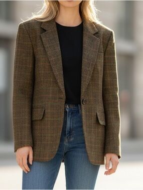 Alia Brown Green Wool Blend Houndstooth Paid Classic Vintage Blazer Sz M